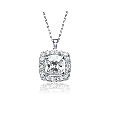 Sterling Silver White Gold Plated with Clear Cubic Zirconia Square Shape Pendant Necklace