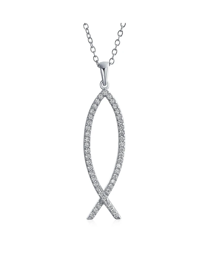 Bling Jewelry Sterling Silver Jesus Fish Ichthys Pendant Necklace with Pave Cubic Zirconia