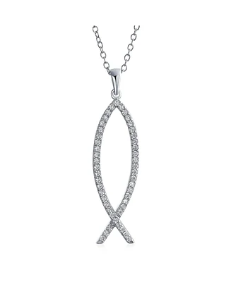 Bling Jewelry Sterling Silver Jesus Fish Ichthys Pendant Necklace with Pave Cubic Zirconia