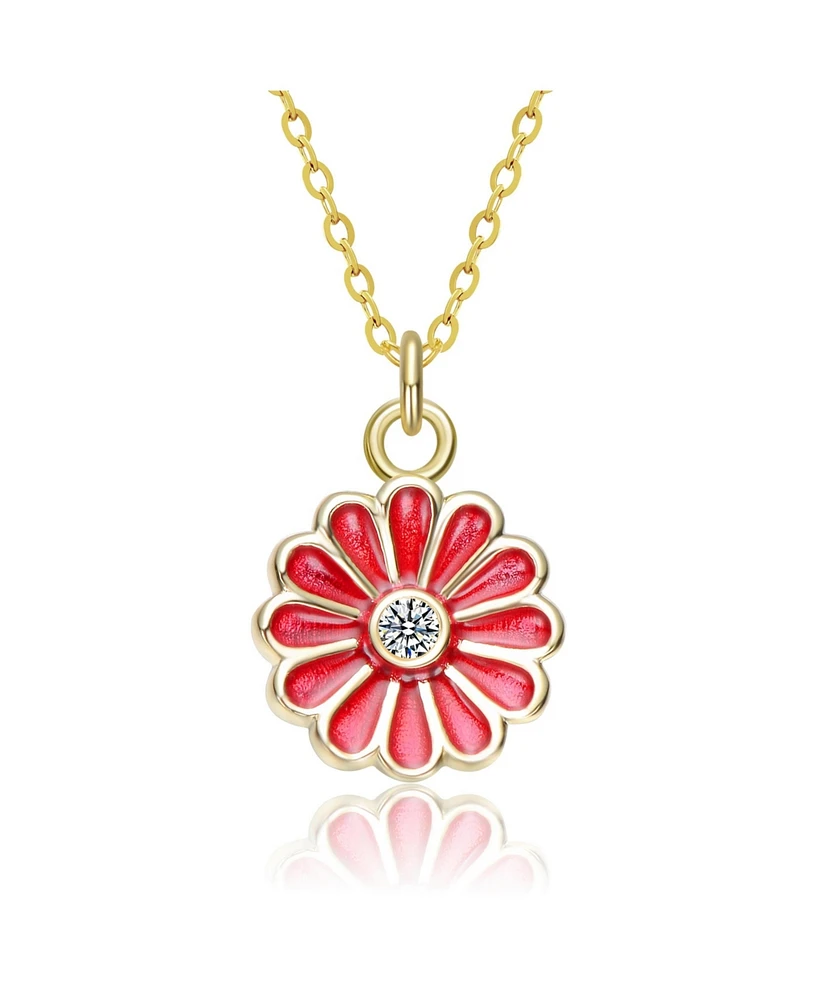 GiGiGirl Sterling Silver 14k Gold Plated Red Enamel and Cubic Zirconia Flower Pendant Necklace