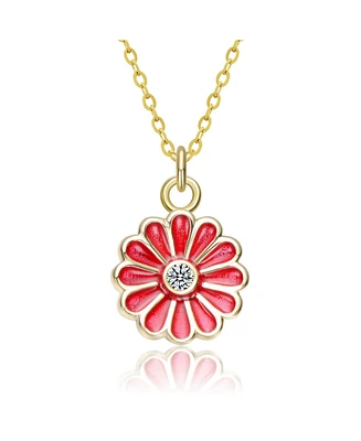 GiGiGirl Sterling Silver 14k Gold Plated Red Enamel and Cubic Zirconia Flower Pendant Necklace