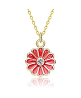 GiGiGirl Sterling Silver 14k Gold Plated Red Enamel and Cubic Zirconia Flower Pendant Necklace