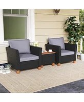 3 Pieces Outdoor Patio Wicker Furniture Set with Cushions and Acacia Wood Coffee Table