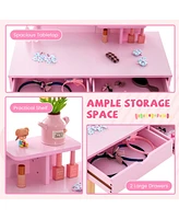 Kid Vanity Table and Chair Set with Mirror and 2 Large Storage Drawers Stylish Dressing Set for Kids