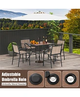 Gymax Patio Table for 4 People w/ Umbrella Hole Wood-Like Tabletop Metal Support Legs