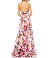 Women's Asymmetrical Ruffled Halter Floral Gown