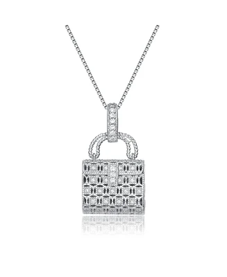 Sterling Silver White Gold Plated with Clear Cubic Zirconia Lock Pendant Necklace