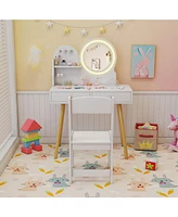 Kids Princess Makeup Dressing Desk and Chair Set with Mirror and Lights Fun Vanity Set for Toddlers
