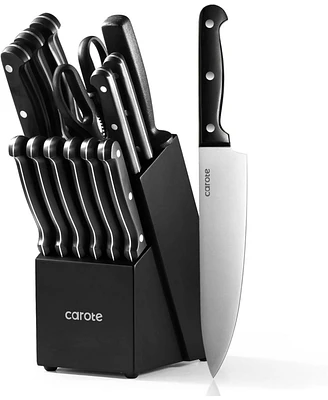 Carote 14 Pieces Knife Set with Block, Forged, High Carbon Stainless Steel Sharp Blade Block Knife Set, Dishwasher Safe Cutlery, Black