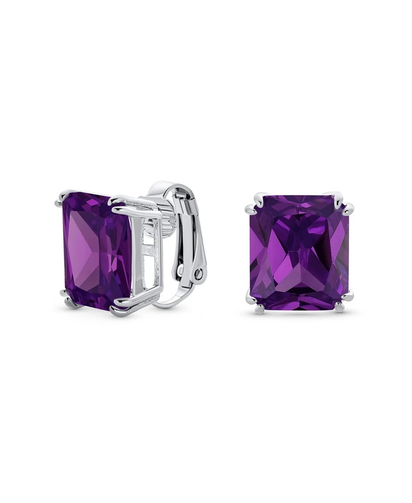 Bling Jewelry Rectangle Shape Statement 7CT Emerald Cut Cz Solitaire Clip On Stud Earrings Rhodium Plated Brass Non Pierced 14MM x 12MM