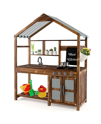 Kid's Mud Kitchen Outdoor Solid Wood Mud Kitchen with Canopy