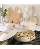 Gibson Elite Folkstone 13 Piece Pots and Pans Durable Cast Aluminum Pfa Free Non stick Ceramic Coating Cookware Set W/ Kitchen Tongs, Tools, and Prote