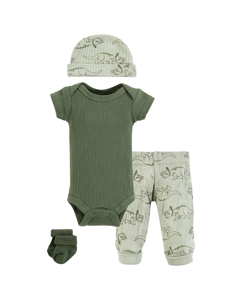 Hudson Baby Boys Thermal Preemie Layette Set 4pc Short Sleeve Outfit, Sage Dinosaur, Preemie