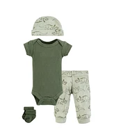 Hudson Baby Boys Thermal Preemie Layette Set 4pc Short Sleeve Outfit, Sage Dinosaur, Preemie