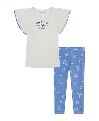 Tommy Hilfiger Toddler and Little Girls 2-Piece Slub Jersey Cinched Tunic Printed Leggings Set