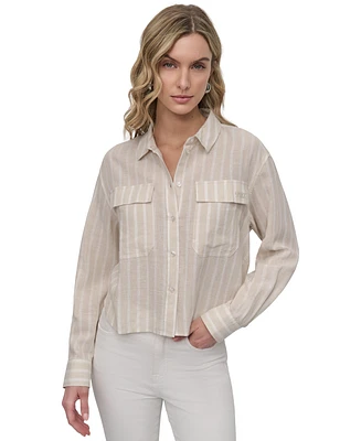 Dkny Jeans Women's Linen-Blend Cropped Long-Sleeve Shirt