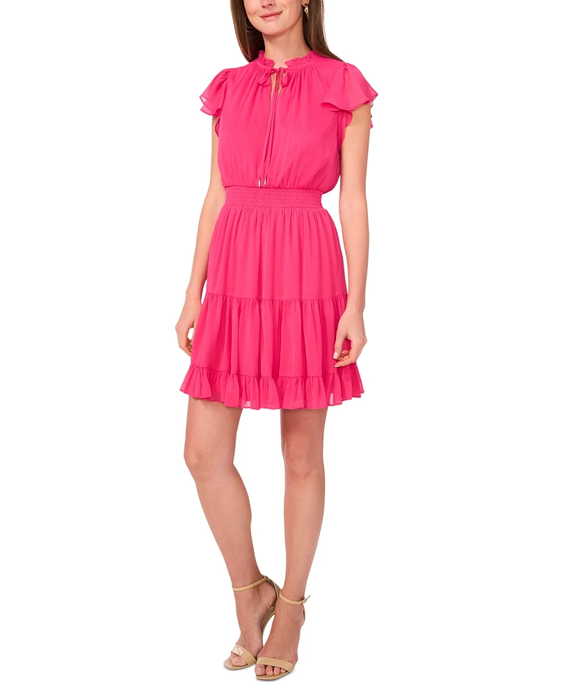 Msk Petite Smocked-Waist Flutter-Sleeve Tiered Dress