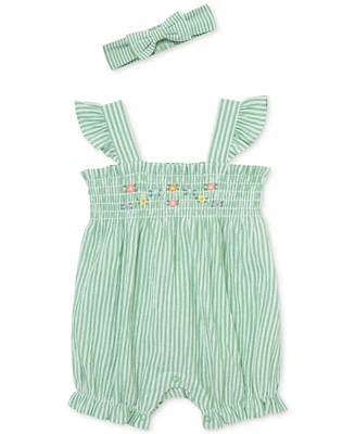 Little Me Baby Girls Cotton Striped Floral Bubble Romper & Headband, 2 Piece Set