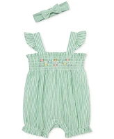 Little Me Baby Girls Cotton Striped Floral Bubble Romper & Headband, 2 Piece Set