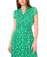 Msk Petite Printed Split-Neck Tie-Waist Short-Sleeve Dress