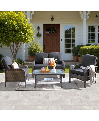 Xizzi 4 Pieces Patio Fruniture Set,Outdoor Wicker Sofa with Outdoor Chairs,Coffee Table,High Back Loveseat Thickened Cushion