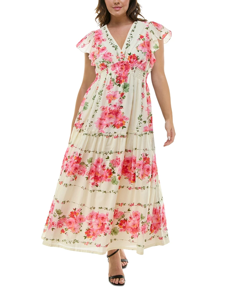 Taylor Plus Floral-Print Flutter-Sleeve Maxi Dress