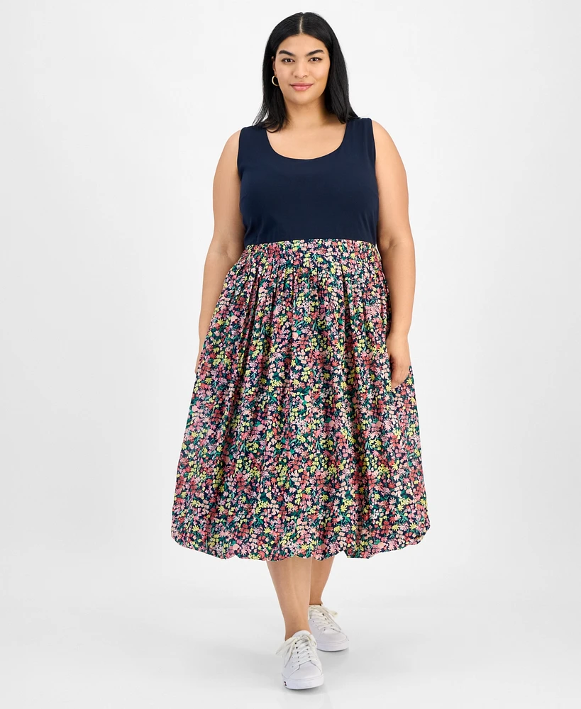 Tommy Hilfiger Plus Floral-Print-Skirt Sleeveless Dress