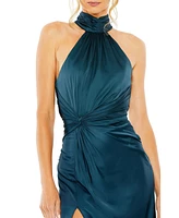 Women's Open Back High Neck Side Ruched Gown