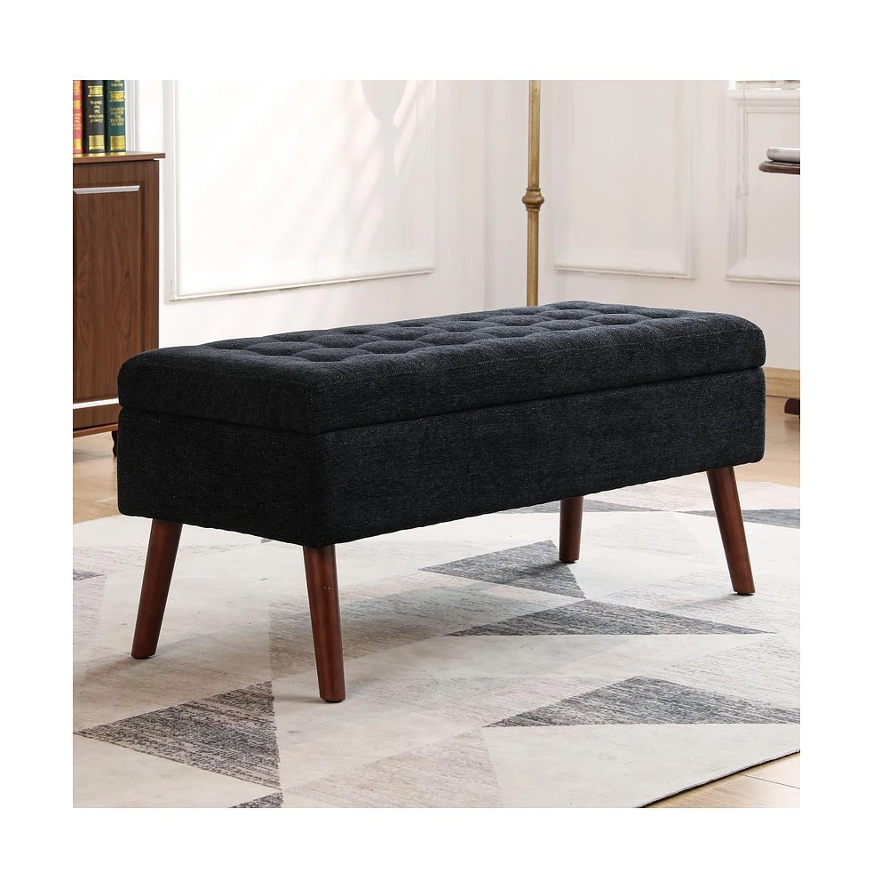 Tufted Storage Ottoman Bench for Bedroom or Entryway, Linen with Solid Wood Legs-The Pop Home