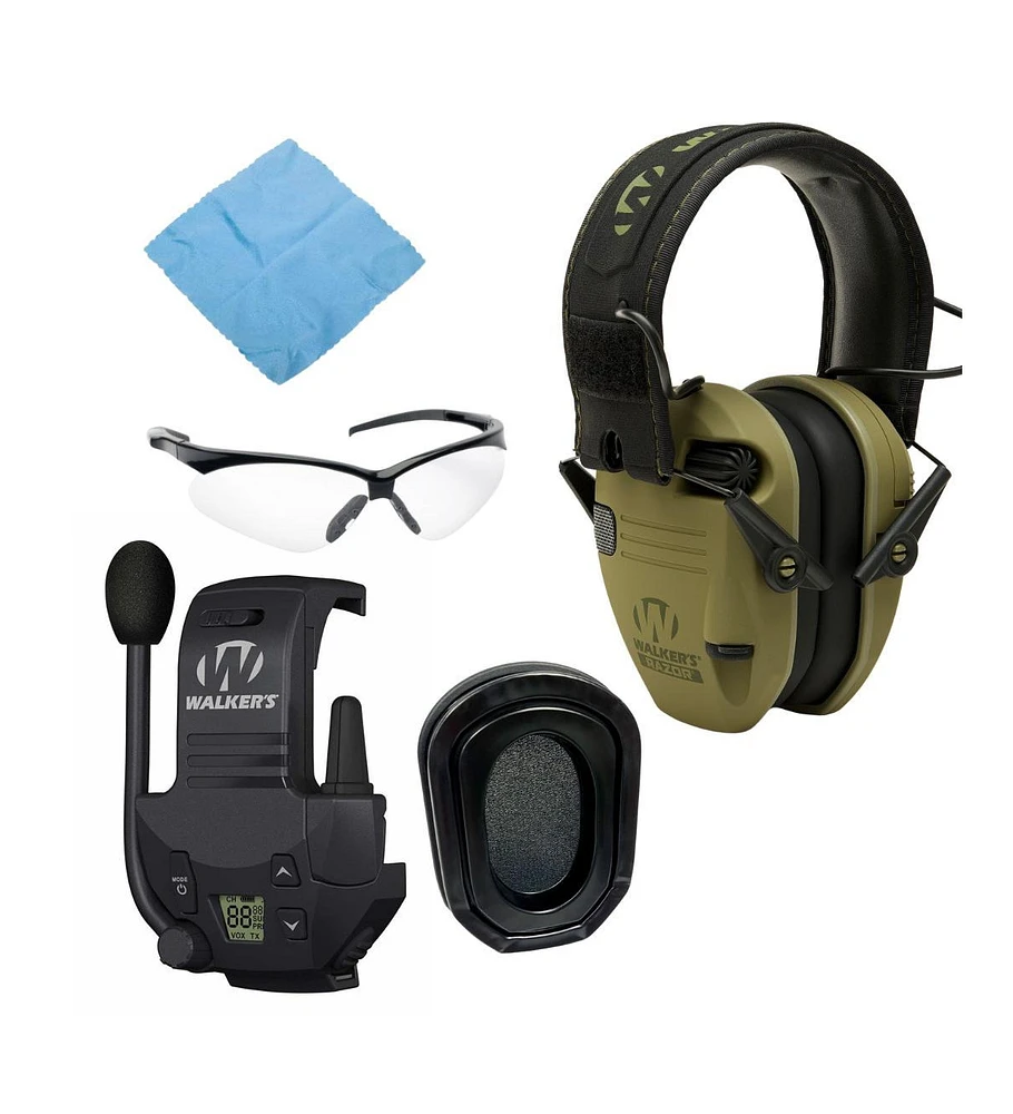 Walkers Razor Slim Electronic Muff (Od Grn Patriot) Bundle with Walkie Talkie Gel Filled Earpad and Glasses