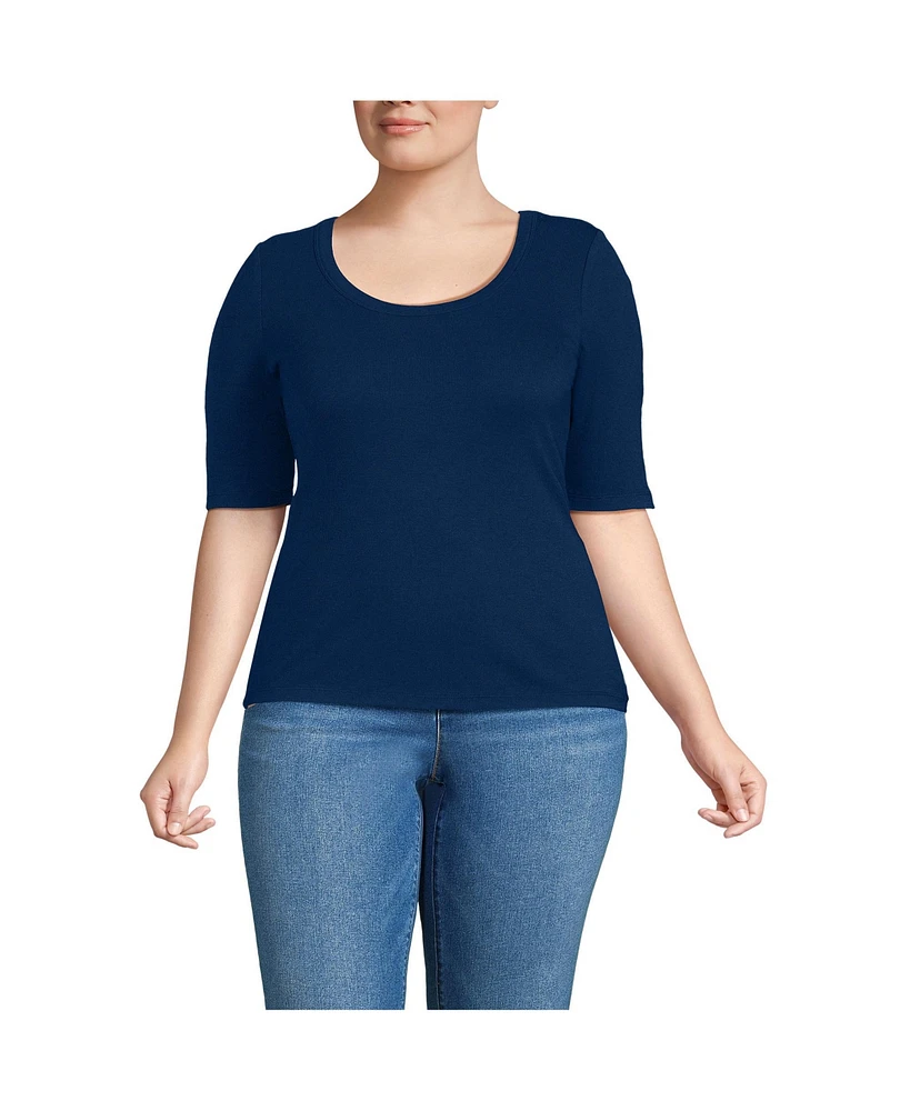 Lands' End Women's Plus Drapey Rib Fitted Elbow Sleeve Scoop Neck Tee