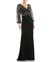 Women's Embroidered Illusion Puff Sleeve Column Gown