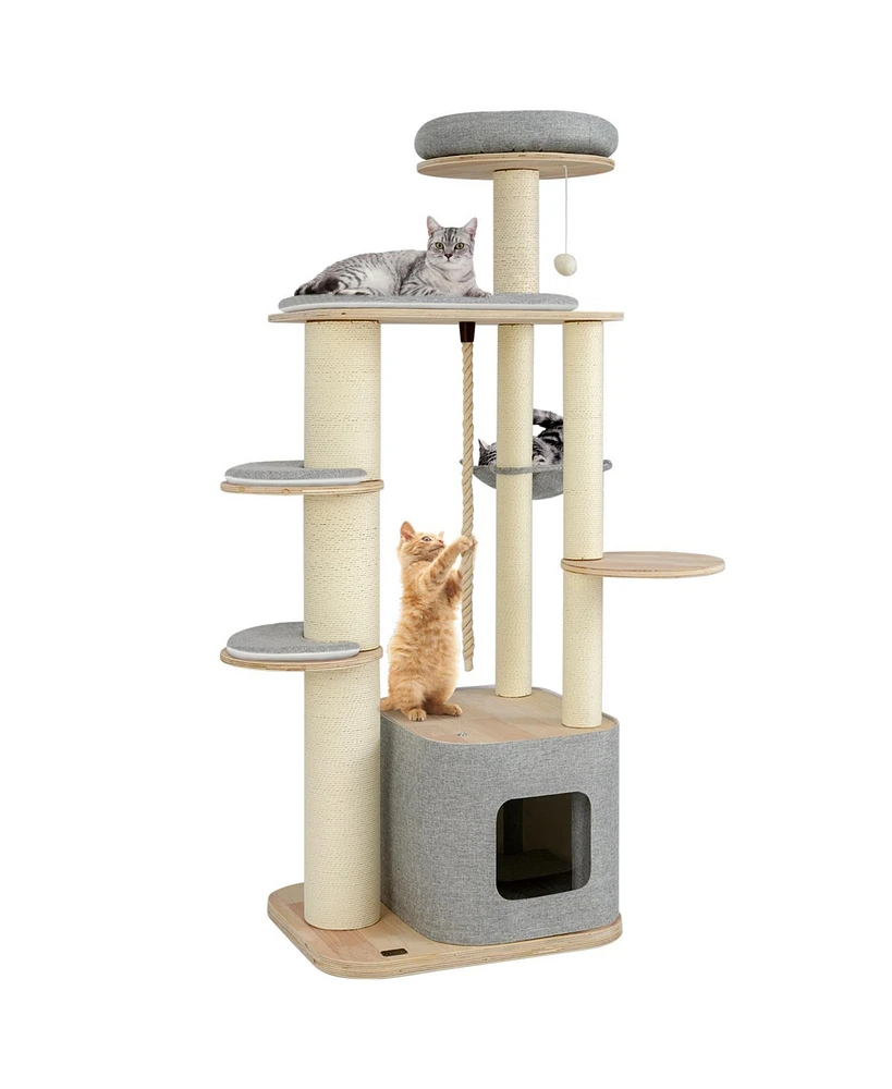 Modern Wooden Cat Tree with Perch, Condo & Hammock Stylish & Cozy Play Tower for Cats