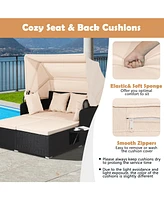 Patio Rattan Daybed with Retractable Canopy and Side Tables