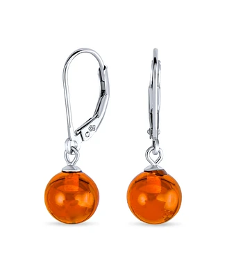 Bling Jewelry Simple Round Basic Natural Lemon Yellow Or Honey Cognac Amber 8MM Bead Ball Drop Dangle Earrings .925 Sterling Silver