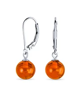 Bling Jewelry Simple Round Basic Natural Lemon Yellow Or Honey Cognac Amber 8MM Bead Ball Drop Dangle Earrings .925 Sterling Silver