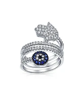 Bling Jewelry Amulet Talisman Blue Cz Cocktail Statement Ring with Hamsa Evil Eye Design