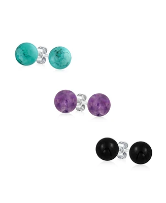Bling Jewelry Set of 3 Simple Plain Stone Round Circle Ball Stud Earrings .925 Sterling Silver 8MM