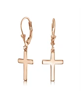 Bling Jewelry Minimalist Religious Cross Dangle Earrings 14K Gold Plated Sterling Silver