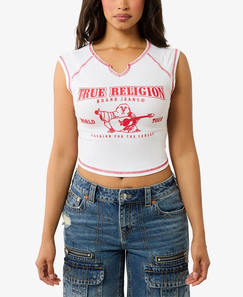 True Religion Women's Logo Rib Notched Baby T-Shirt