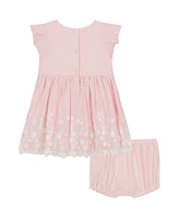 Calvin Klein Baby Girls 2-Piece Linen Look Floral Border Dress with Diaper Cover Set