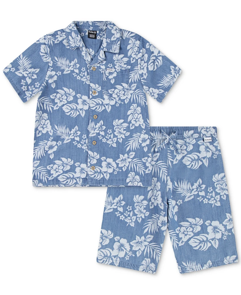 Hurley Little Boys Chambray Printed Camp Shirt & Shorts Set