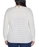 Belldini Plus Black Label Pointelle and Grommet Open Cardigan Sweater
