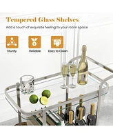 2-Tier Tempered Glass Bar Cart with 2 Large Aluminum Wheels and 2 Rolling Casters