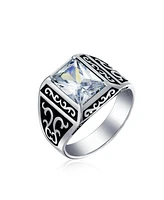 Bling Jewelry Mens Stainless Steel Viking Scroll Ring with Emerald Cut Cubic Zirconia Two Tone Silver