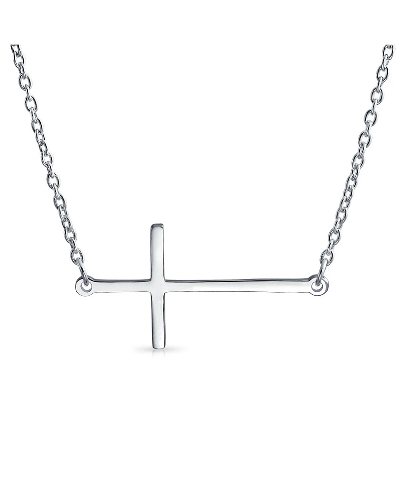 Bling Jewelry Minimalist Created White Opal Flat Simple Plain Horizontal Sideways Cross Necklace Station Pendant Rose Gold Plated .925 Sterling Silver