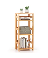 4-Tier Bookshelf Rubber Wood Bookcase with Side Fences for Living Room