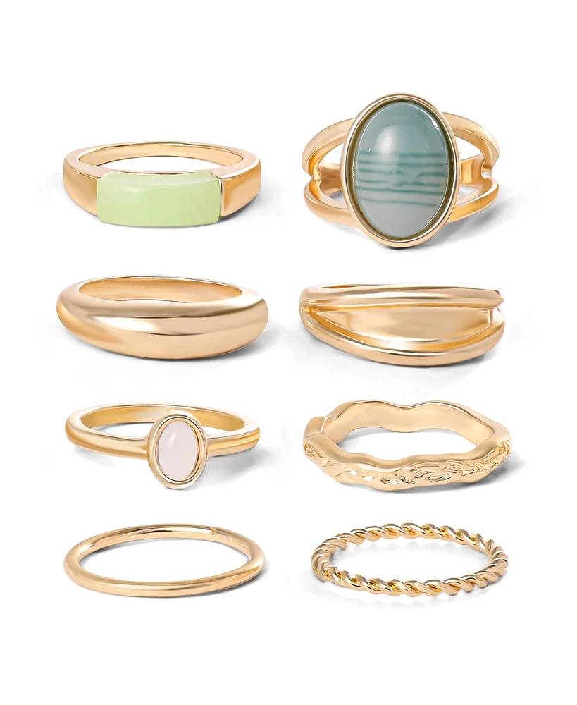 Jessica Simpson Gold-Tone 8-Piece Stacking Ring Set with Green Stone Accents - Size 7