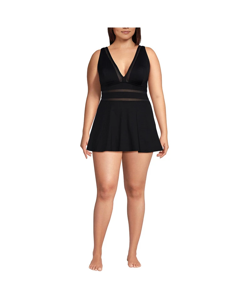 Lands' End Women's Plus Mesh V-neck Mini Swim Dress Swimsuit