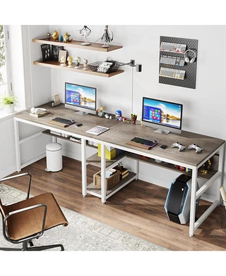 Tribesigns 78.7 Computer Office Double Desk for Two Person, Writing Desk Workstation with Shelf for Home Office, Grey